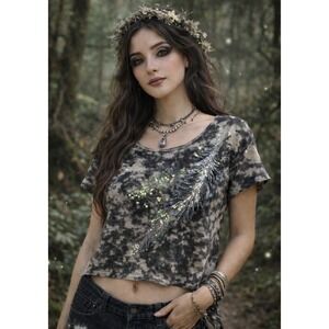 Charlotte Russe VTG Y2K Burnout Tie Dye Rhinestone Feather Tee Indie Boho Glam